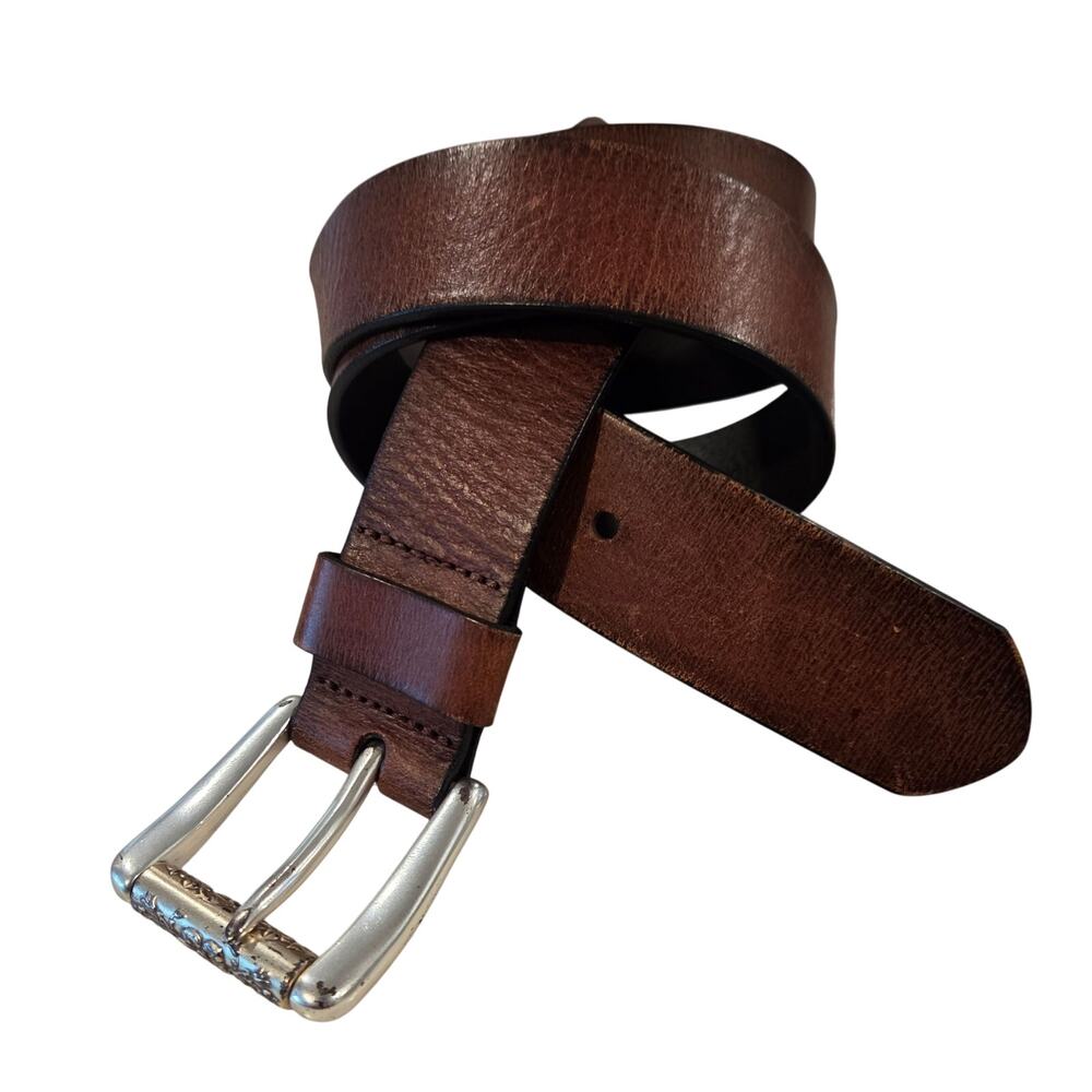 Fossil Brown Leather Belt sz Large Silver Floral Buckle Rustic Hippie Cowgirl